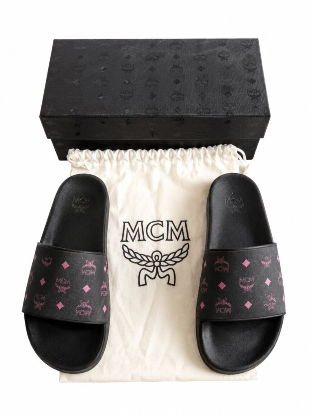 MCM Black Pink Monogram Print Rubber Slides Sandals Great Used Condition w/ Box